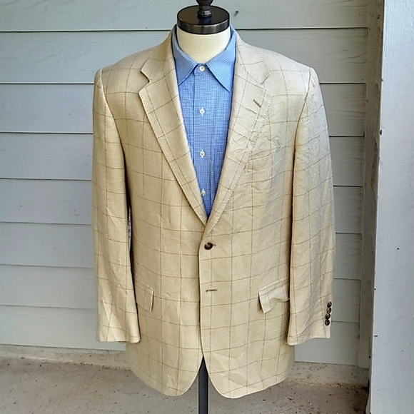 POLO RALPH LAUREN Italy Cream Beige Plaid Weave‎ Sz 42 L Sport Coat Blazer
